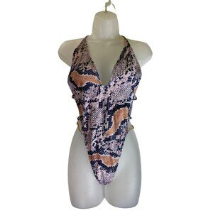 Snake Print One-Piece Swimsuit With Gold Chain Straps Size Large Sexy Eighties
